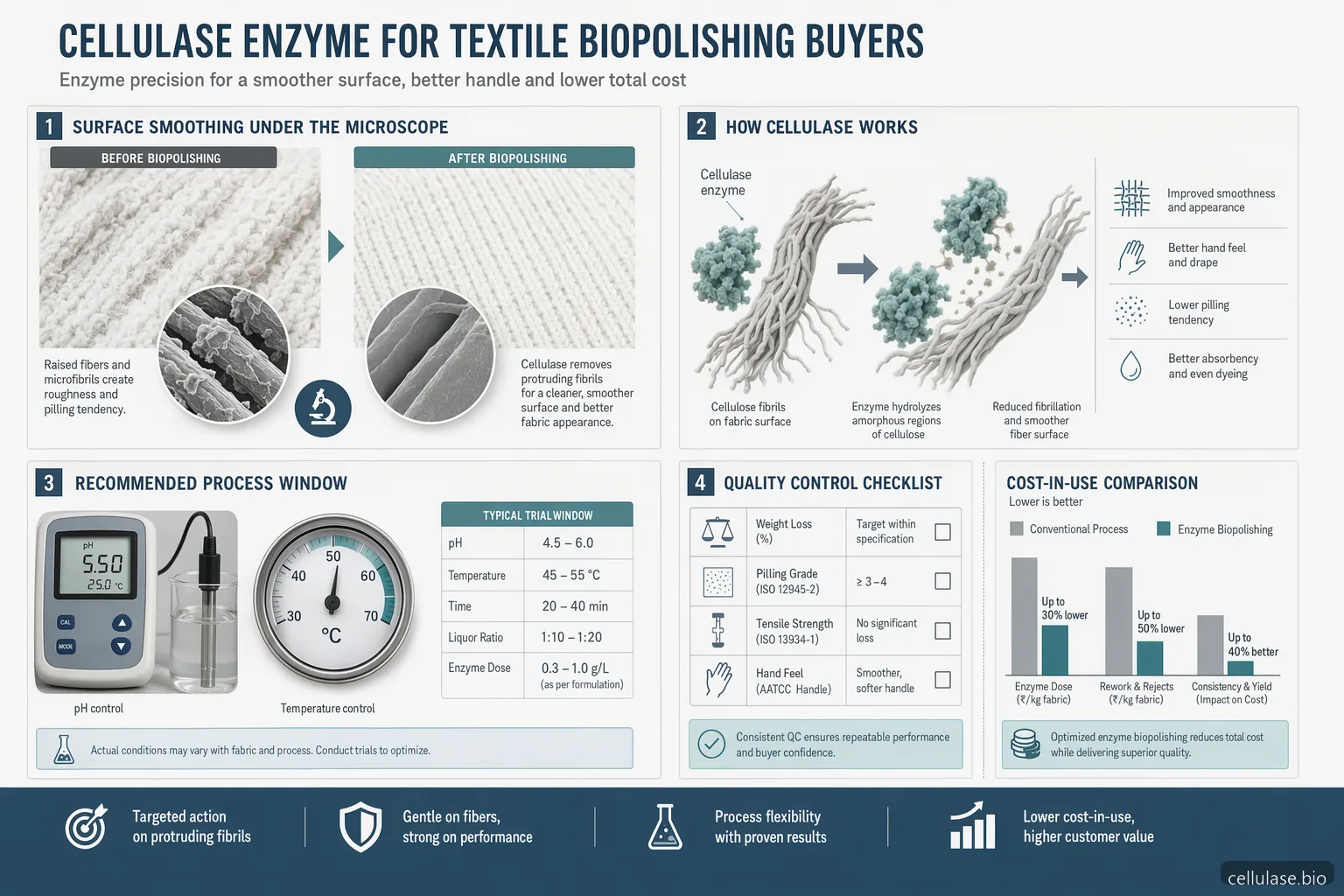 cellulase enzym textile biopolishing buyers guide showing process windows, QC checks, and cost-in-use factors