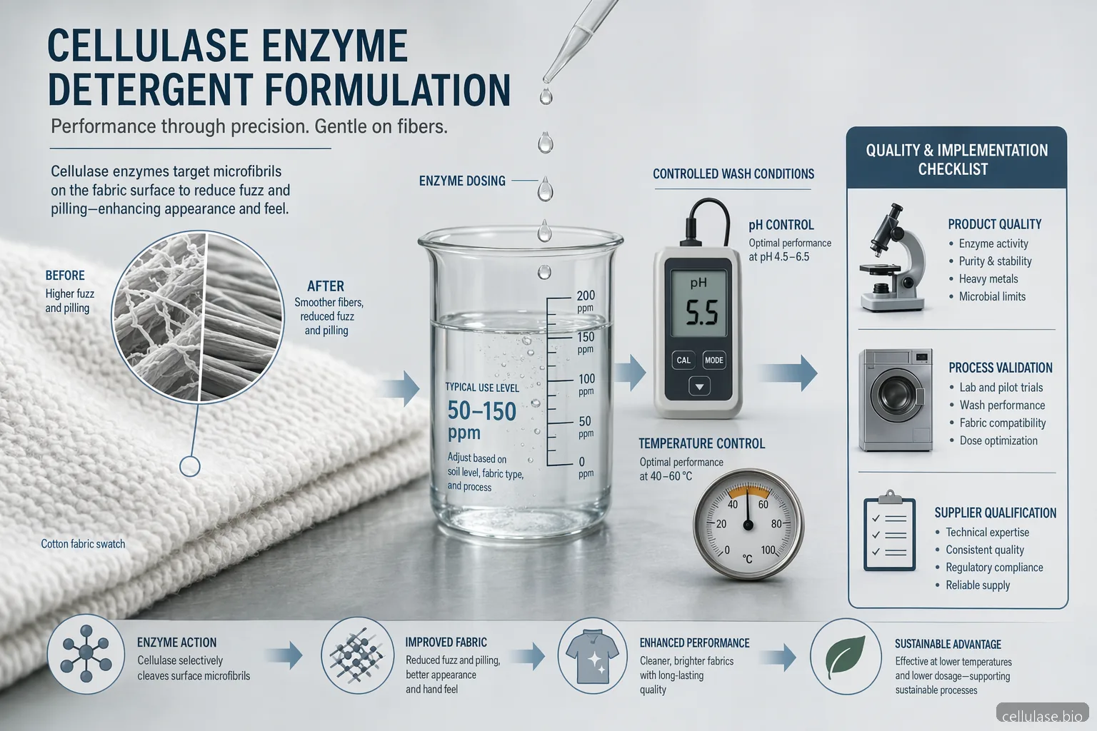 cellulase enzyme detergent guide showing dosing, pH-temperature limits, fabric care, QC, and supplier checks