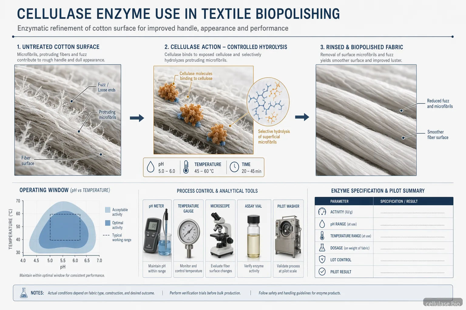 cellulase enzyme for sale textile biopolishing process showing fabric fibers, pH-temperature window, and validation flow