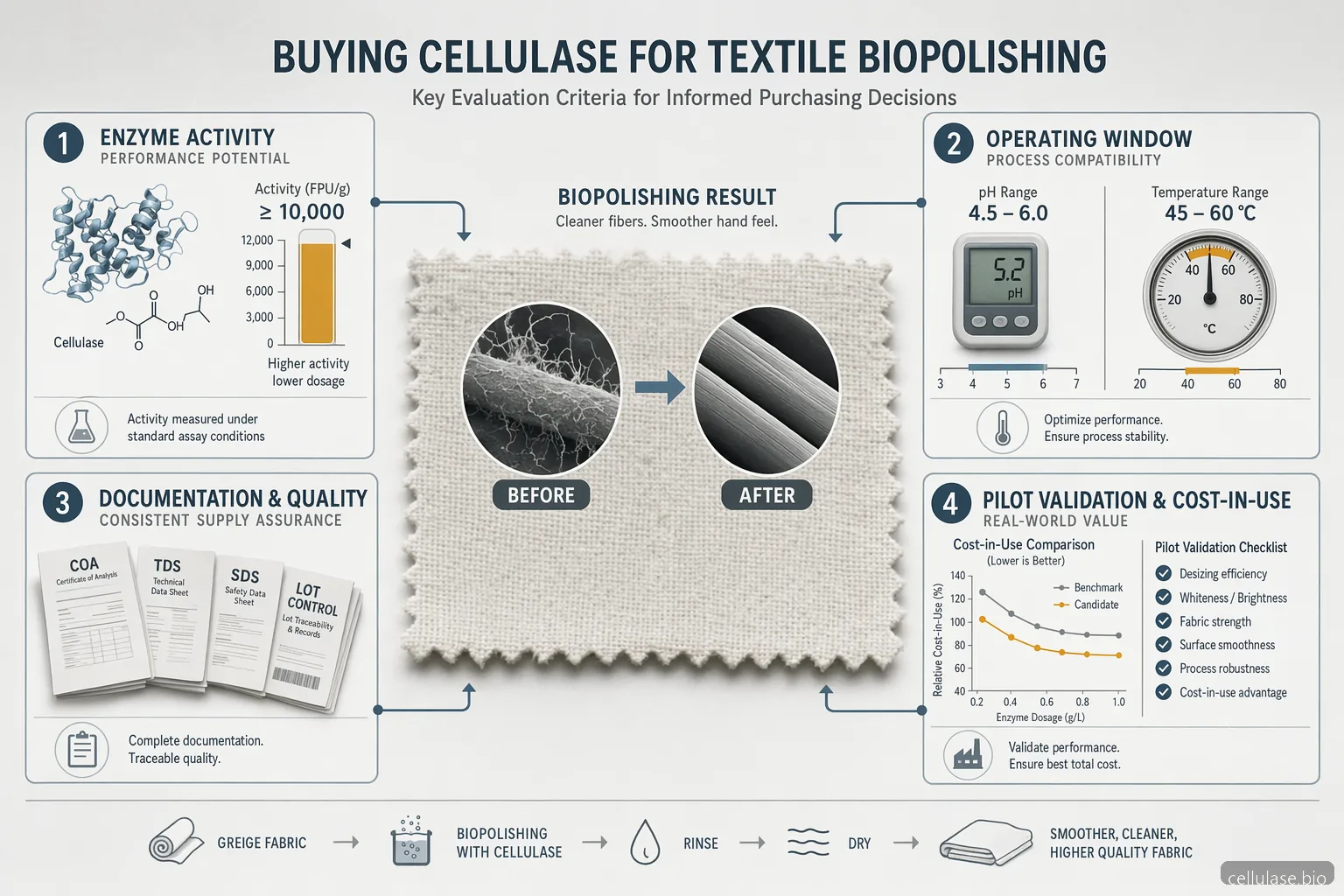 cellulase enzyme for sale textile biopolishing checklist with activity, pH, documents, pilot cost-in-use