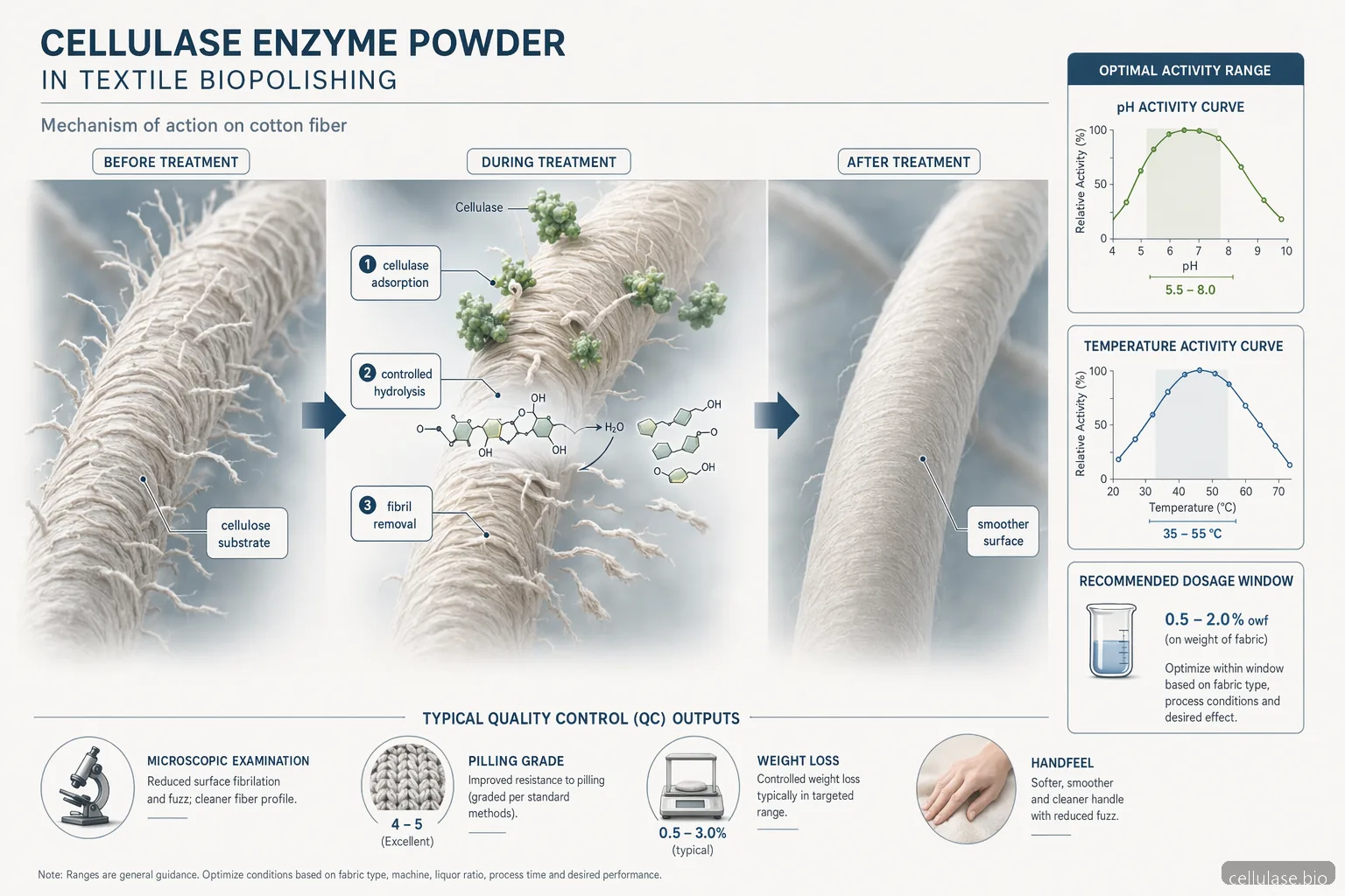 cellulase enzyme powder textile mechanism showing cellulase trimming cotton fibrils into smoother biopolished fabric
