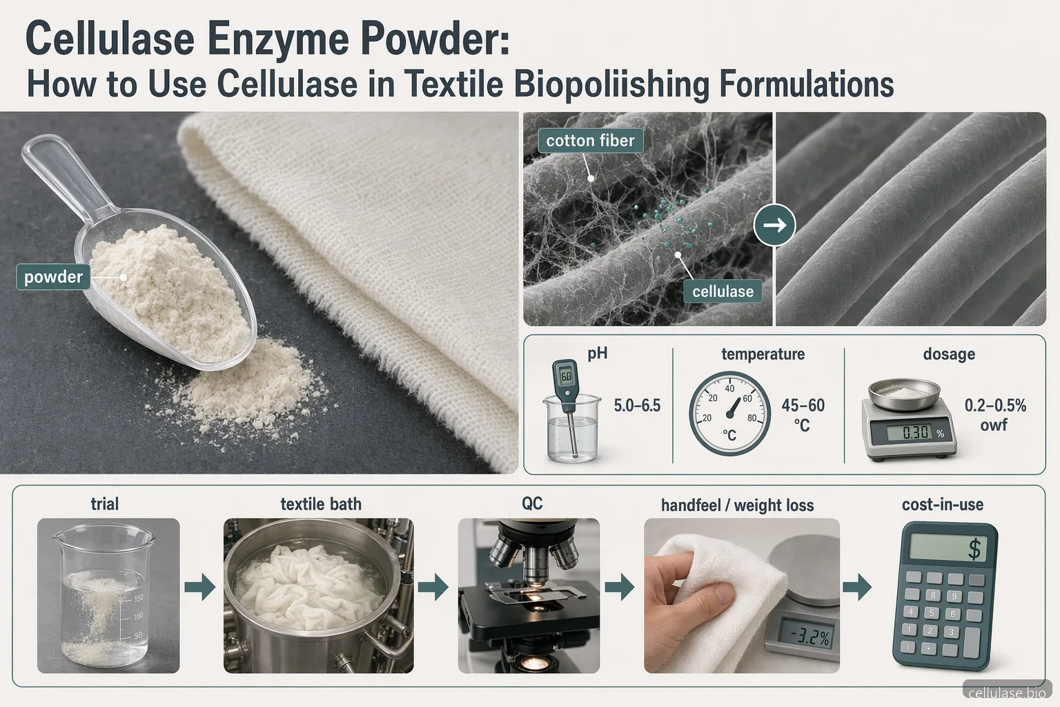 cellulase enzyme powder textile biopolishing guide with cotton fiber, pH, temperature, dosage, QC, and cost cues