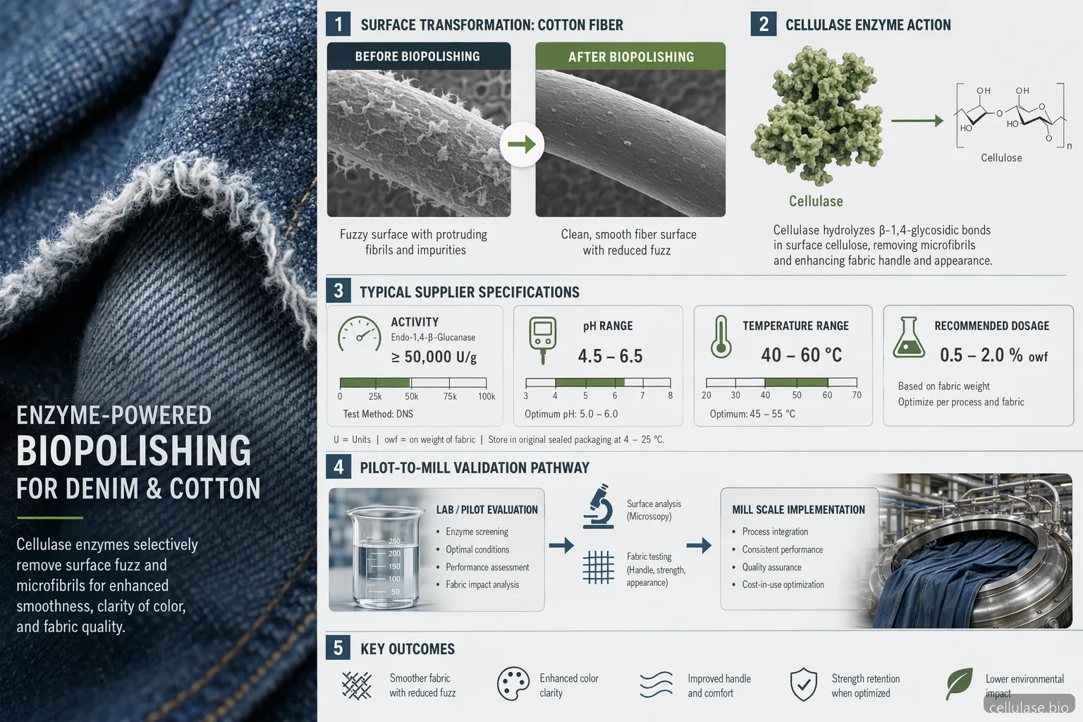 cellulase enzyme supplier guide for textile biopolishing, showing denim, cotton fibers, specs, pilot testing, and cost controls