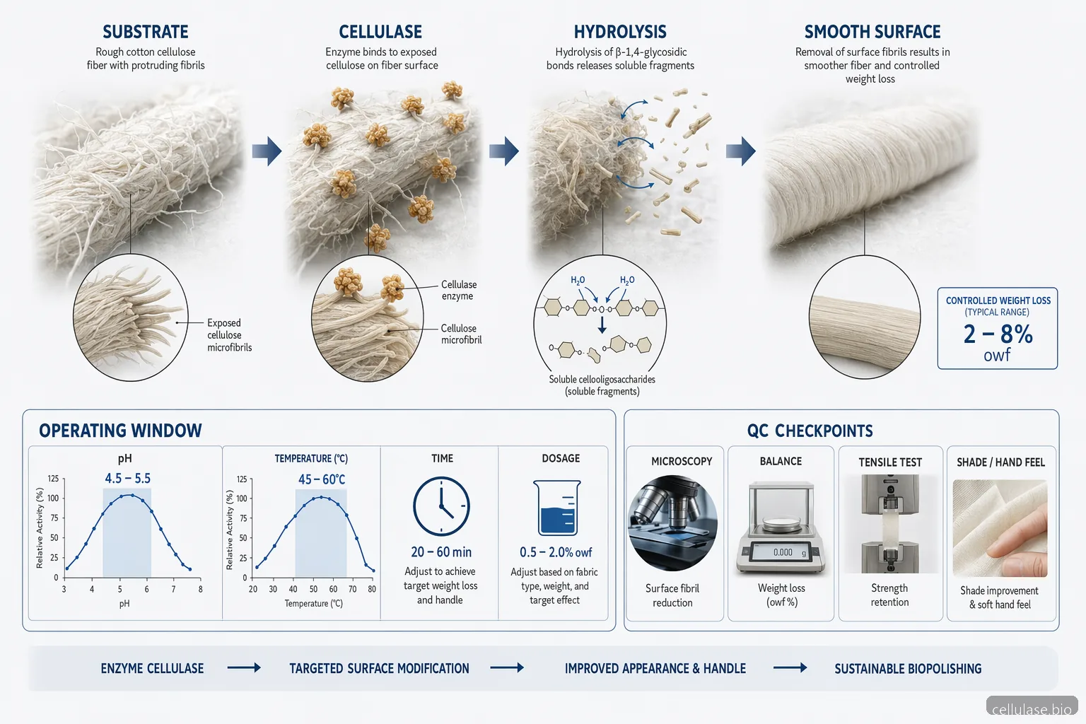 enzyme cellulase textile biopolishing process showing pH, temperature, reaction flow, and fabric QC checkpoints