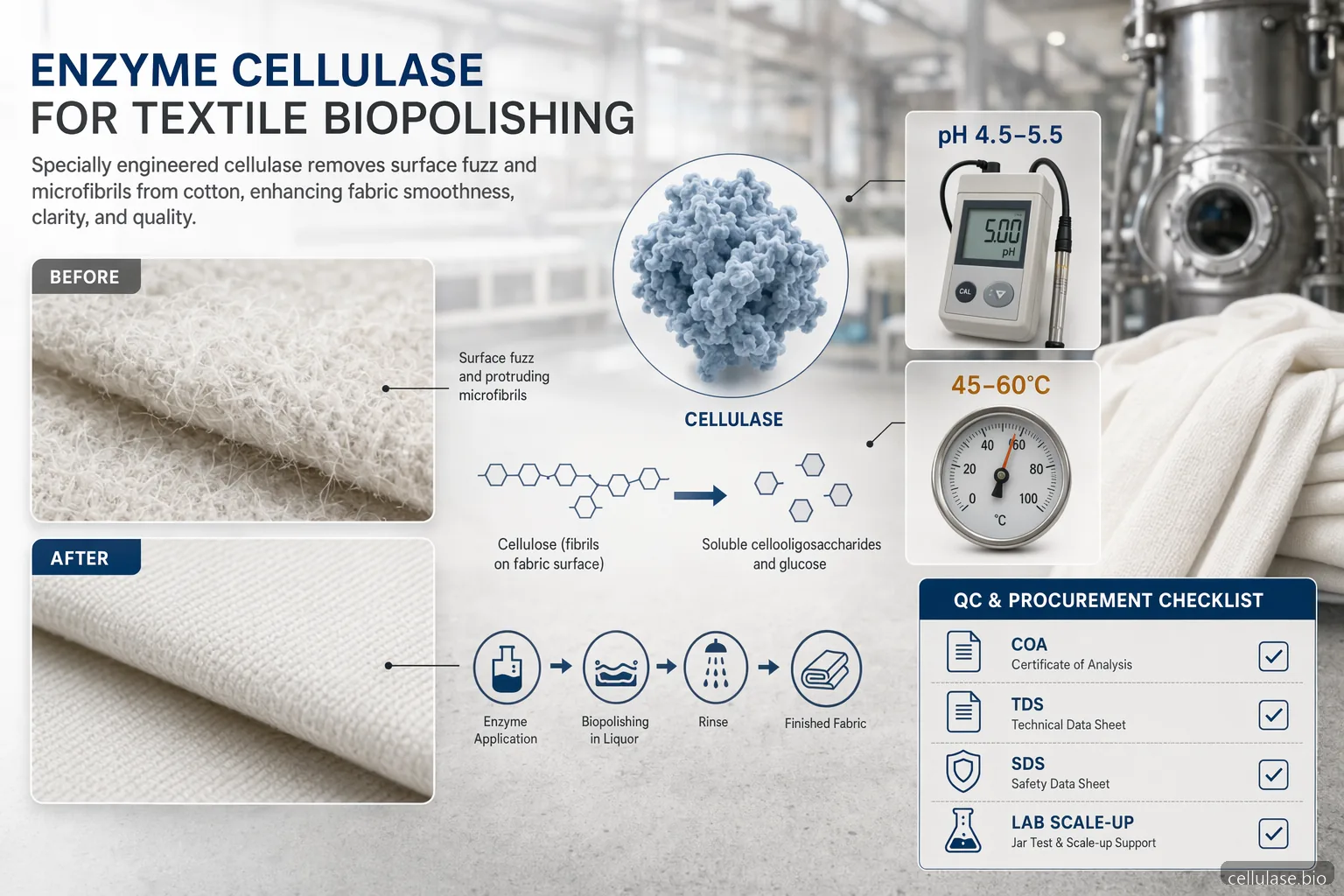 enzyme cellulase textile biopolishing guide with fabric surface cleanup, QC checks, and process controls